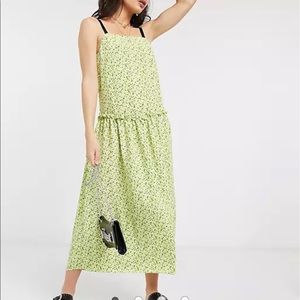 New Topshop dropped waist midi dress in lime floral size 6 Tie shoulder straps